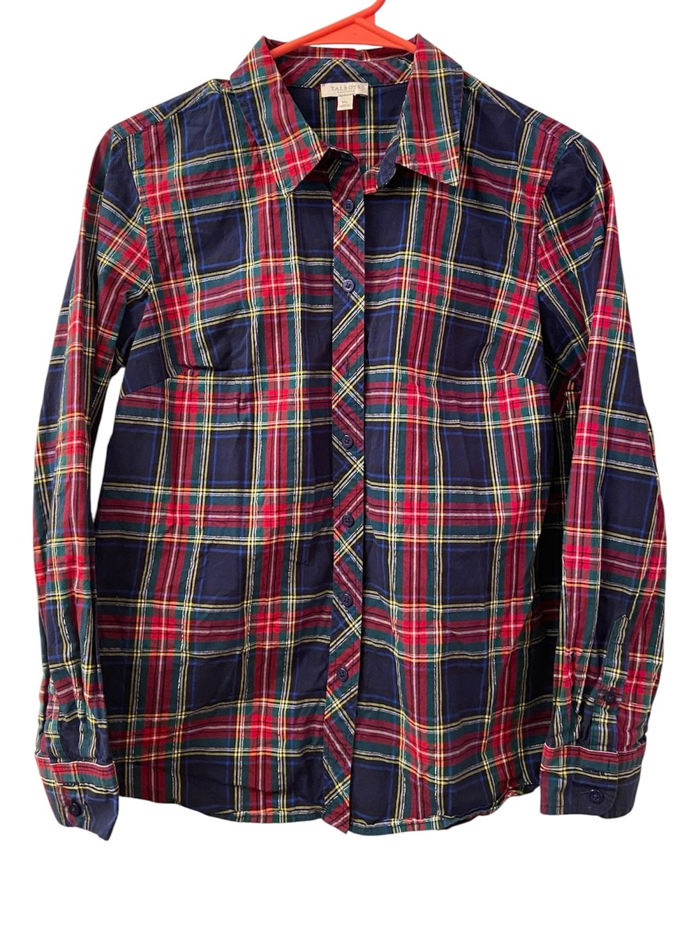 Talbots Petites Plaid Blouse Red Green Navy Gold Metallic Stripe Long Sleeve M